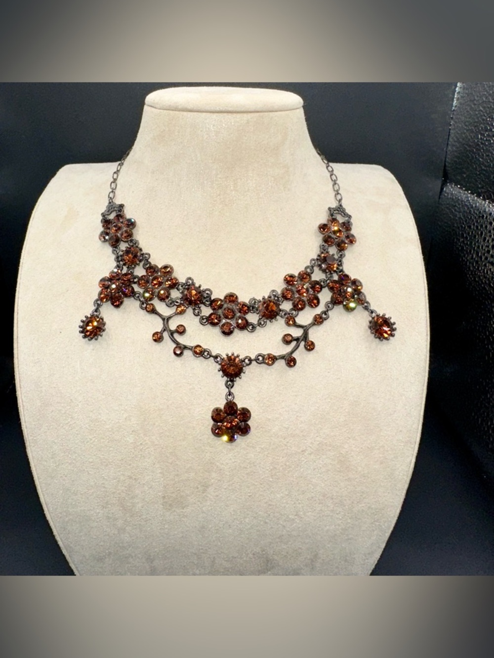 Vintage Marianna Amber Orange Austrian Crystal Floral Necklace 16 Inches